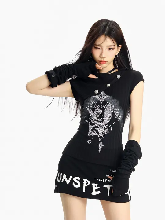 斜め肩デザイン ニットTシャツ【脱着可能な袖付き・細見え・女性用】