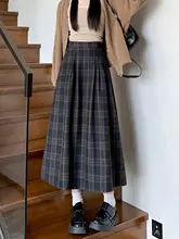 レトロウールチェックプリーツスカート【高腰・細見え・Aライン・中丈・春秋冬用】