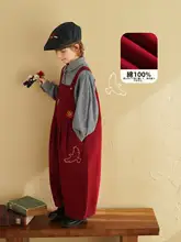 子供用刺繍デザインオーバーオール【秋用・綿100%・ルーズフィット・赤】