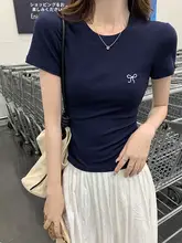 蝶結びプリントのグレーコットンTシャツ【フィット・短袖・夏用】
