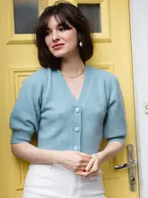 AZURIERA 中袖 毛糸カーディガン【水色・Vネック・羊毛混・女性用・オリジナルデザイン】