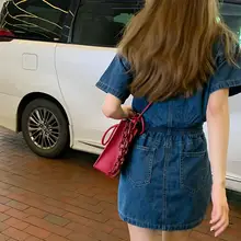 デニムAラインワンピース【ポロカラー・ウエストマーク・レトロスタイル・ショート丈】