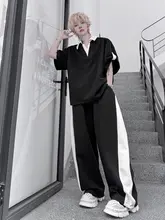 夏季のバイカラー半袖ポロTシャツ【メンズ・フィット・スポーツカジュアル】とワイドストレートパンツ（セットアップ対応）