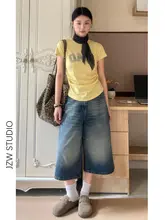レトロブルーのハイウエストウォッシュドワイドレッグデニムパンツ【女性用・夏用・フィット・クロップド丈】