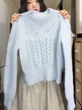 透かし編みデザインのピンクニットトップス【女性用・秋冬用・ショート丈】（セットアップ対応）