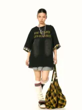 夏用コットン製 水洗い風合いのチェック柄刺繍Tシャツ【ノスタルジックデザイン・ショートスリーブ】