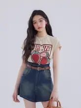 アメリカンビンテージスタイルのTシャツ【可愛い子鹿デザイン・夏用】とハイウエストデニムショートパンツ（セットアップ対応）