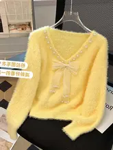 Vネックパールデザインのニットプルオーバー【バタフライリボン・秋用・極上の柔らかさ】