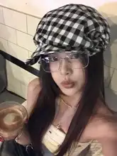 白黒チェック 八角形帽子【通気性・女性用・ベレー風・小報童スタイル】