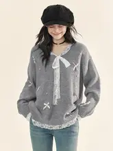 柔らかなVネックレース切替ニットトップス【リボン付き・女性用・甘いデザイン】