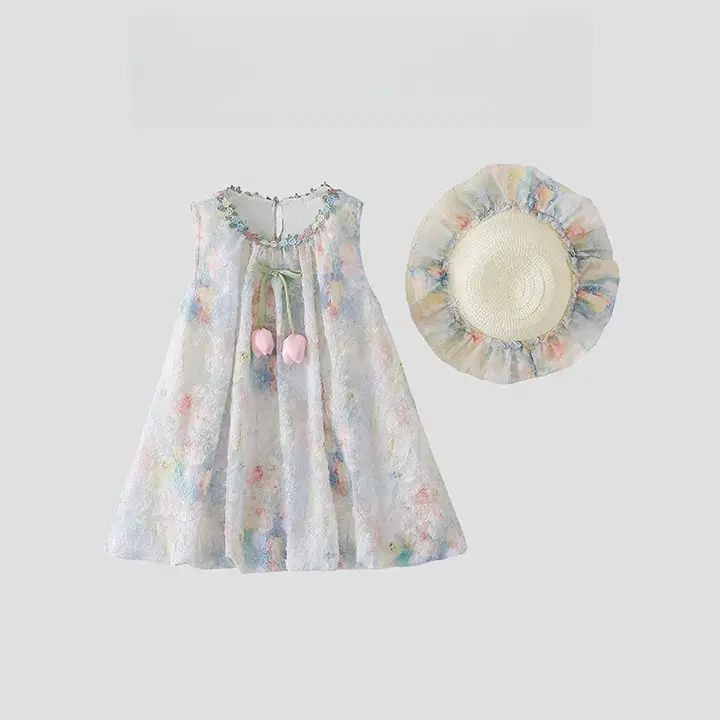 キッズ用 チューリップデザインのノースリーブドレス【夏用・花柄・プリンセススタイル】