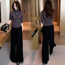 おしゃれなハイネックTシャツ【長袖・細身デザイン】【ワイドパンツ付き】（セットアップ対応）