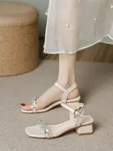 粗めヒールのビジュー付きサンダル【エレガントなフレンチスタイル・女性用・中ヒール・ワンストラップ】（セットアップ対応）