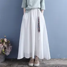 刺繍入りリボンデザインの綿麻半身スカート【春夏用・民族風・ロングスカート】
