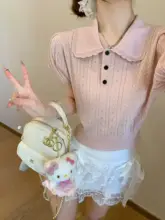ドールカラーのツイストニット短袖Tシャツ【女性用・春夏・パフスリーブ】