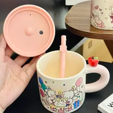 可愛い犬デザインのストロー付き陶器マグカップ【フタ付き・誕生日プレゼントに最適】