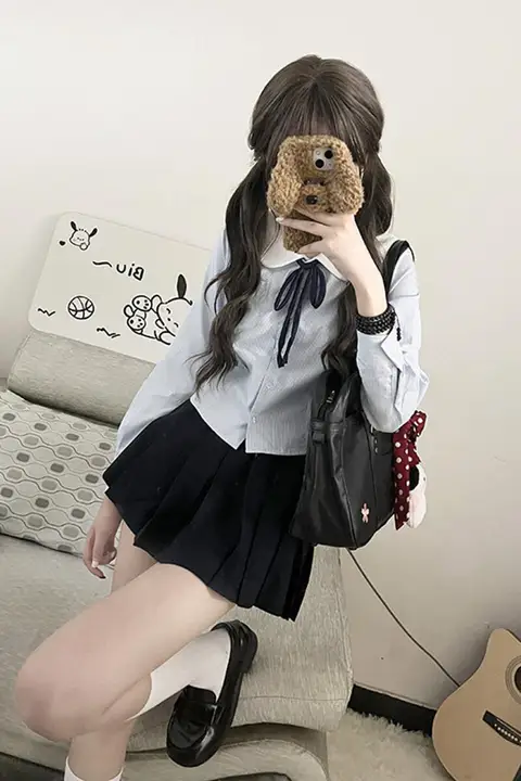 東京歳時記 JK制服オリジナルデザイン 学院風シャツワンピースセット【青・2点セット】