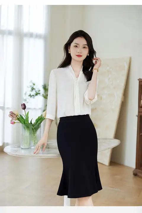 白色の女性用シフォンブラウス【夏用・高品質・フレンチスタイル・ビジネス・フォーマル】（セットアップ対応）