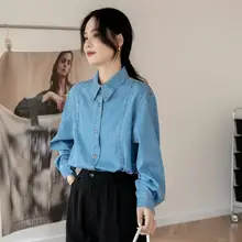 レトロなデザインのブルー デニムシャツジャケット【女性用・重ね着可能・小柄対応】