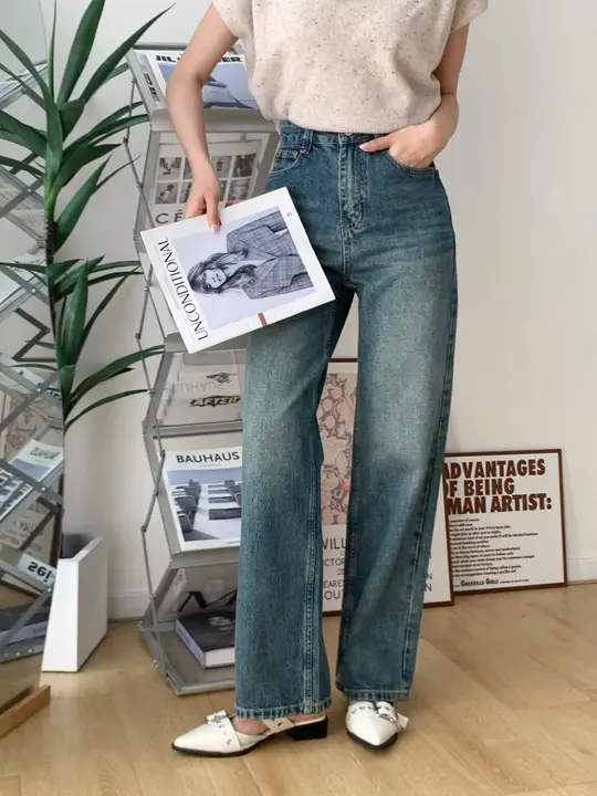高腰デニムストレートパンツ【ライセールコットン混紡・ウエストシェイプ・2トーン】