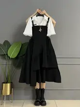 アシンメトリーデザインのフリル付きブラウスとサスペンダースカート【大きいサイズ・お腹隠し・ファッション】（セットアップ対応）