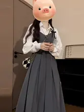 洗練されたデザインの長袖シャツキャミソールワンピース【春用・フレアスカート・韓国風】（セットアップ対応）