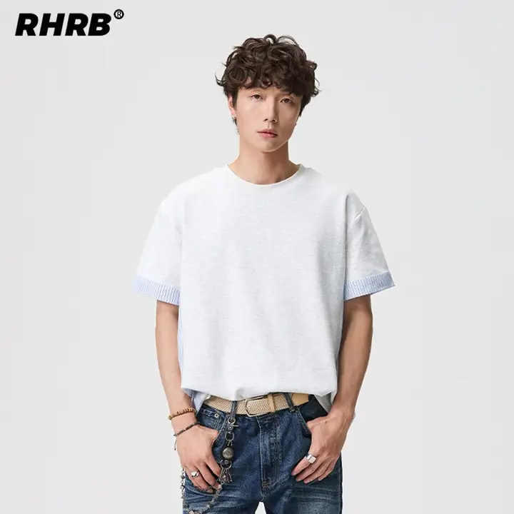 半袖Tシャツ ユニセックス ストライプ パッチワーク バイカラー クルーネック ルーズ アメリカン風 秋 「RHRB」