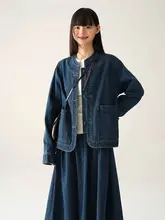 全棉中式盤扣短丈デニムジャケット【春秋用・女性用】（セットアップ対応）