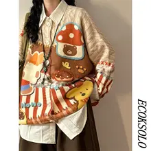 秋冬用レトロカートゥーンデザインのクマ柄カーディガン【フィット・ラウンドネック】