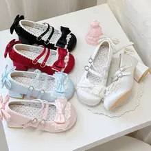 かわいいデザインのサテン製ラウンドトゥ中ヒールシューズ【ロリータ風】