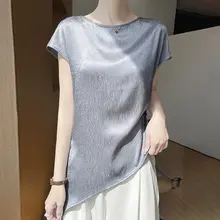 ラウンドネック ウエストシェイプ サテン シルク 半袖 Tシャツ【スリムフィット・サマー用】