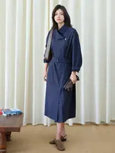 Herz 深青色スタンドカラーコート風ロングドレス【秋冬用・レトロ・ウエストリボン】