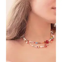 カラフルドットデザインのきのこ型ガラスネックレス【パールビーズ・個性的な鎖骨チェーン】