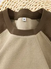 快適な着心地のカラーブロックワッフル生地の半袖Tシャツ【ゆったりシルエット・五分袖】