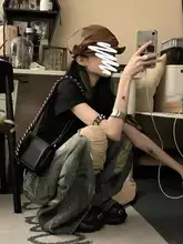 ヴィンテージ風 スプラッターデザイン ダメージデニムパンツ【長丈・ワイドストレート・レディース】