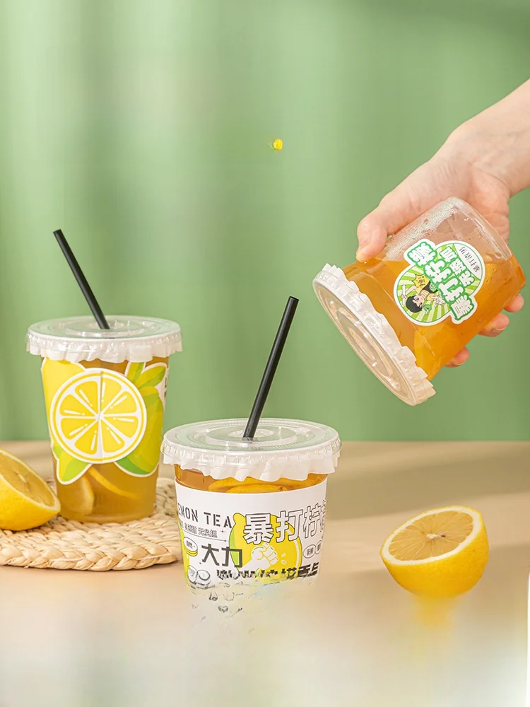 使い捨て蓋付きレモンティーカップ：家庭用飲料保存に最適なプラスチック製カップセット
