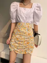 レトロなプリーツデザインのハイウエストフラワープリントスカート【女性用・タイトフィット・オイルペイント風】
