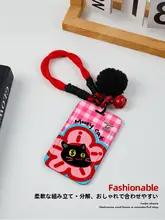 カートゥーンデザインのカードホルダー【黒猫・運転免許証保護用・無穴あけ・ネックストラップ付き】