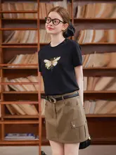 コントラスト刺繍ラウンドネック半袖Tシャツ【カジュアル・女性用】