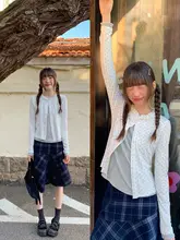 ドット柄レース切替長袖Tシャツ【秋用・カーディガン風】（セットアップ対応）