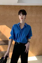 クラインブルーの純綿シャツ【春秋用・韓国風・ゆったりデザイン】