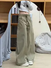 カーキ色のシングルボタンワイドレッグジーンズ【ユニークデザイン・小柄向け・梨型体型対応】