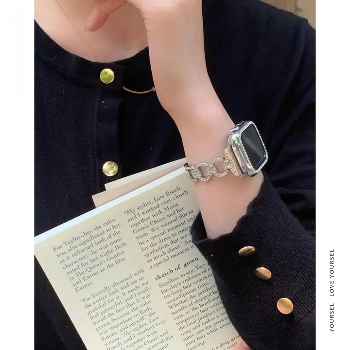 Apple Watch用 バンド ケース メタルチェーン ラインストーンデコ ツイード風 上品 おしゃれ 「Monna」