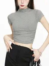 セクシーなフリル付きハイネックショートTシャツ【柔らかい雰囲気・夏用・半袖】