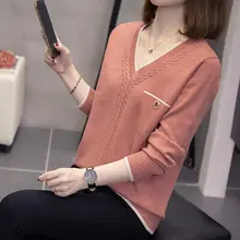 デザイン性のあるVネック長袖ニットトップス【秋冬用・大きいサイズ・スリム効果】