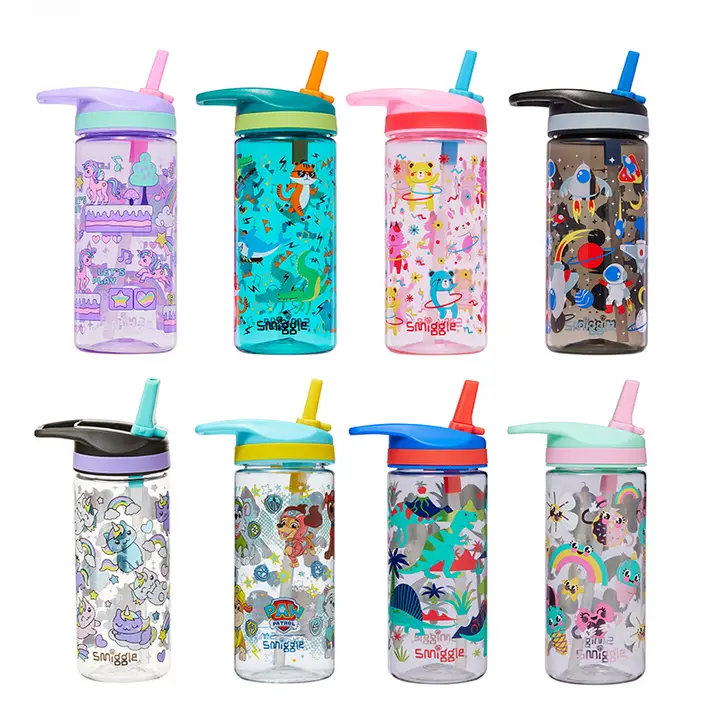 Smiggle 子供用ポータブルプラスチック水筒【450ml・ストロー付き・可愛いデザイン】