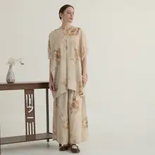 中華風のシンプルでクールなワイドレッグパンツ【アートなレトロデザイン・ゆったりしたシルエット・大きいサイズ・セットアップ対応】
