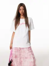 レースハートプリントのラウンドネック半袖Tシャツ【夏用・フィット】