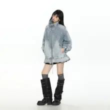 水洗いしたヴィンテージ風シュシュ付きデニムジャケット【立襟・春秋用・女性用】