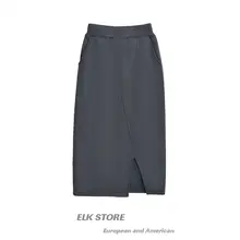 スタイルアップ効果抜群！グレーのスリット入りフリースタイトスカート【冬用・厚手・シンプルデザイン】